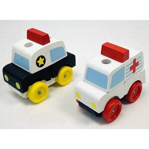 Lot 2 MELISSA & DOUG Wooden Stacking Emergency Vehicles AMBULANCE & POLICE CAR